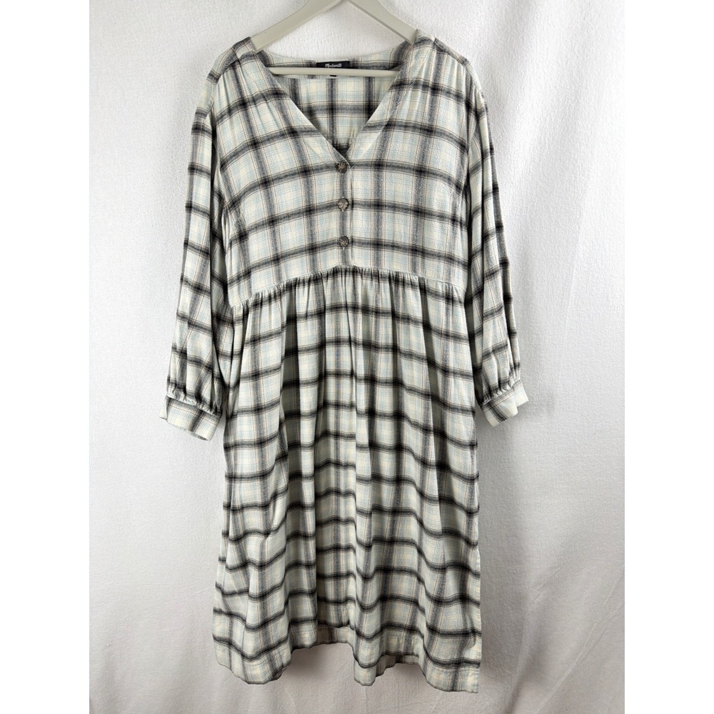 Madewell Plaid Midi Dress Womens 12 Blue Grey Flannel Babydoll V-Neck Pockets
